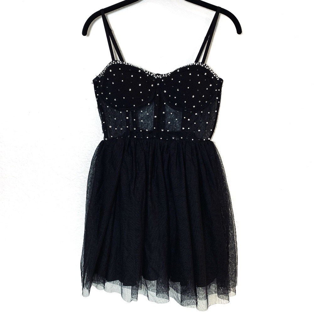 Speechless Embellished Sheer Mesh Corset Minidress Black Size 00 Coquette